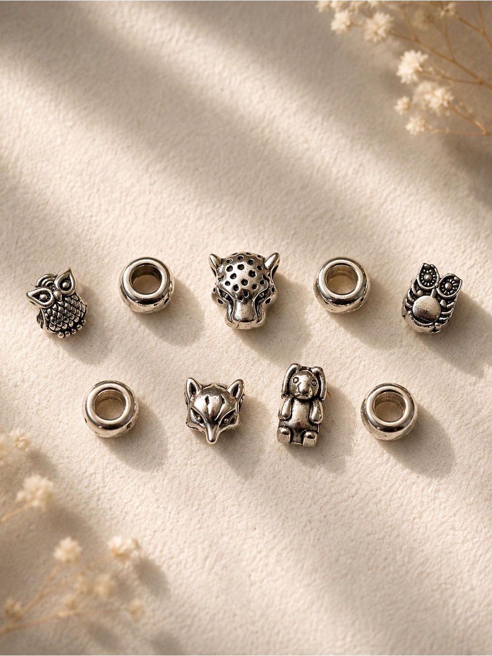 Lot of 9 Animal Themed Silver Bracelet Charms and Spacer Charms